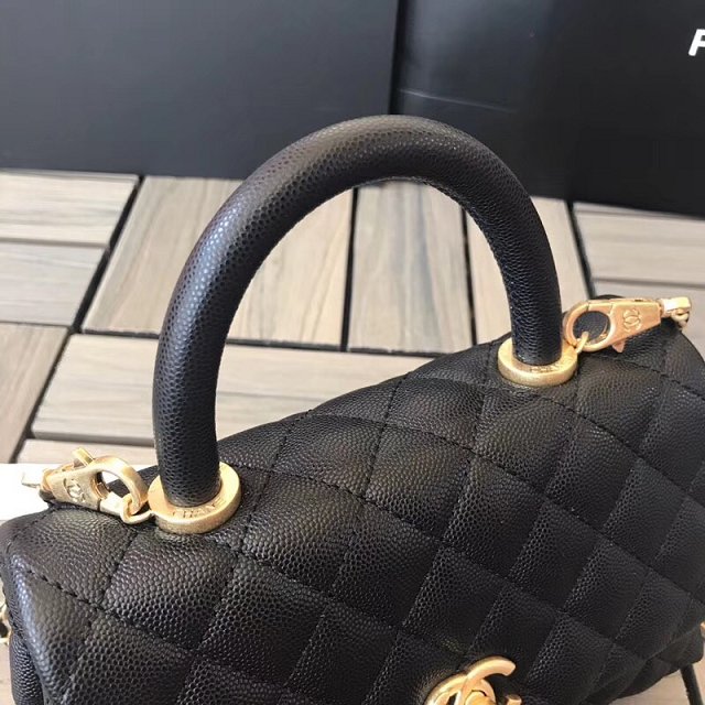 2018 CC original grained calfskin small flap bag with top handle A92990 black