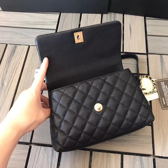 2018 CC original grained calfskin small flap bag with top handle A92990 black