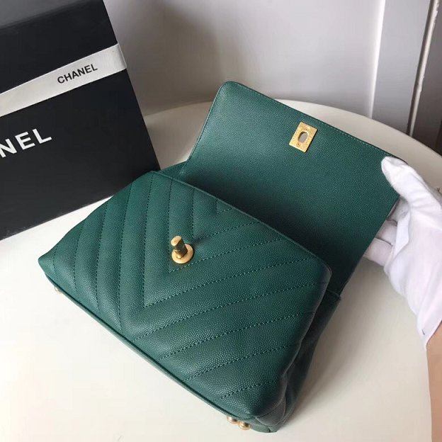 2018 CC original grained calfskin small flap bag with top handle A92990 green