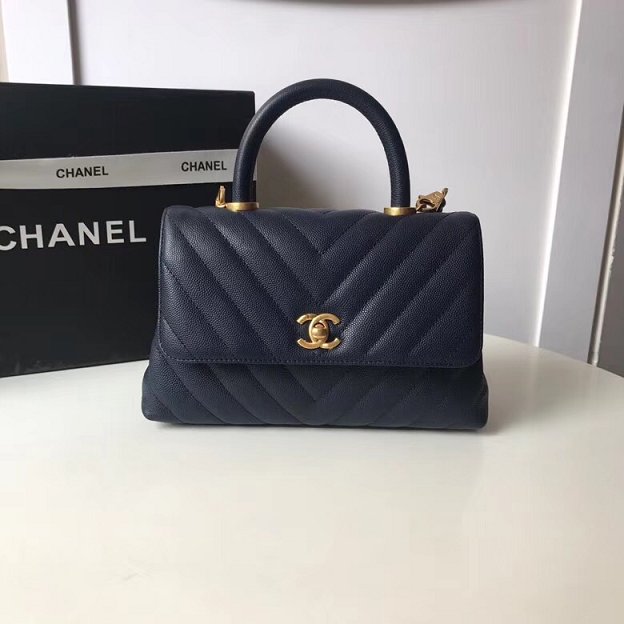 2018 CC original grained calfskin small flap bag with top handle A92990 navy blue