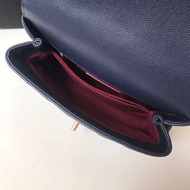 2018 CC original grained calfskin small flap bag with top handle A92990 navy blue