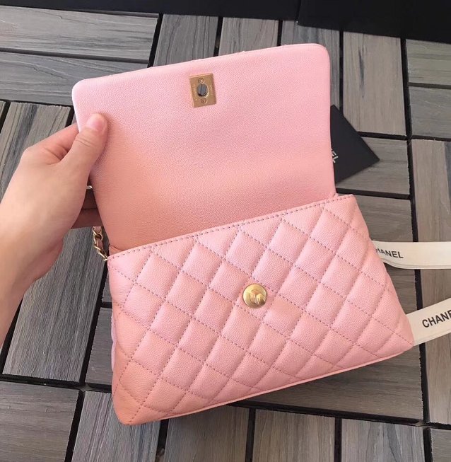 2018 CC original grained calfskin small flap bag with top handle A92990 pink