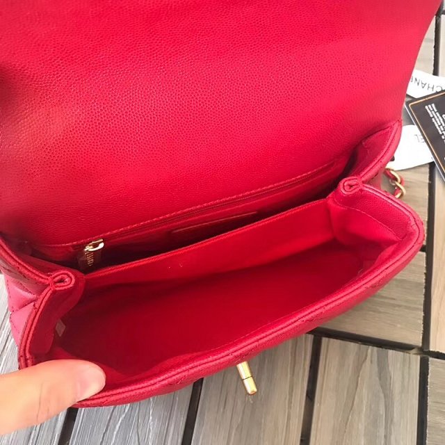2018 CC original grained calfskin small flap bag with top handle A92990 red