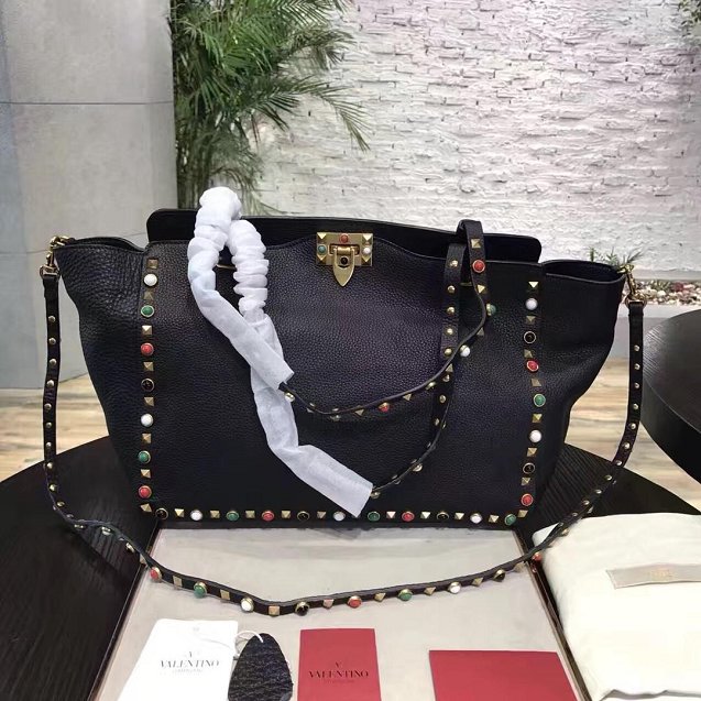Valentino original calfskin multi-rockstud large tote bag 0970 black