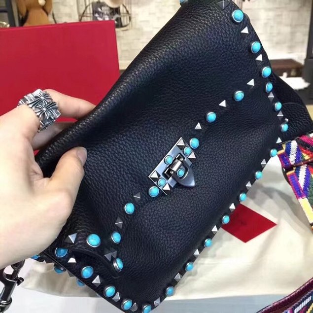 Valentino original grained calfskin blue-rockstud shoulder bag 0125 black