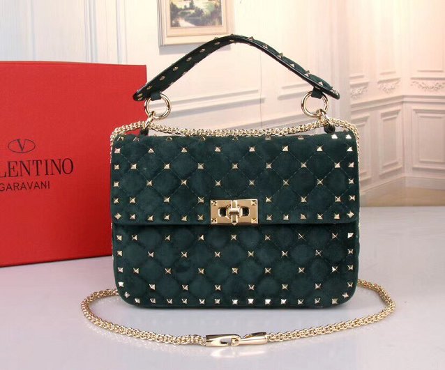 Valentino original suede rockstud medium chain bag 0122 blackish green