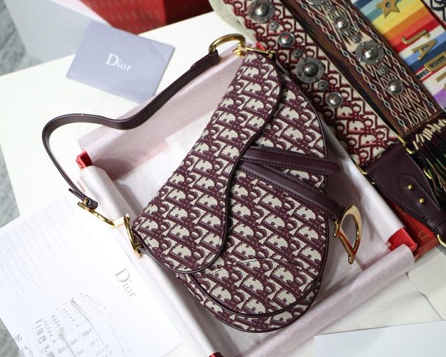 2019 Dior original canvas mini saddle bag M0447 burgundy