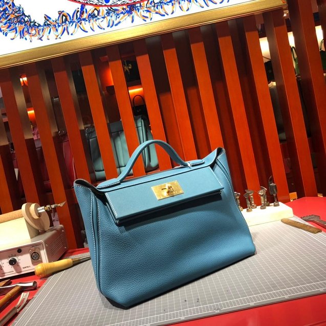 2019 Hermes original handmade togo leather kelly 2424 bag H03699 light blue