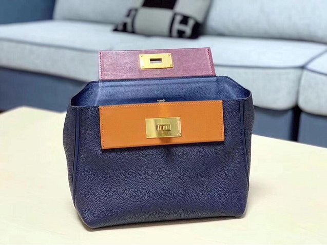 2019 Hermes original handmade togo leather small kelly 2424 bag H03698 navy blue