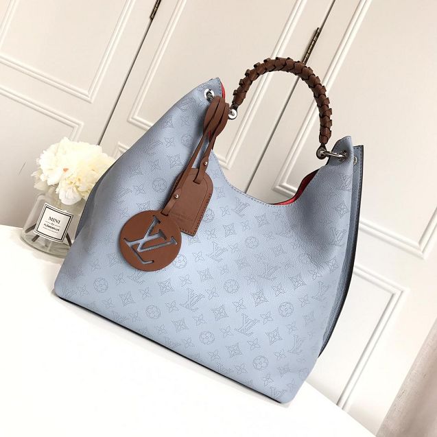 2019 louis vuitton original mahina leather carmel hobo bag M52950 light blue