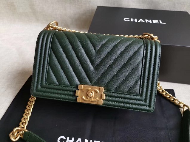 CC original handmade grained calfskin medium boy handbag A67086-2 blackish green