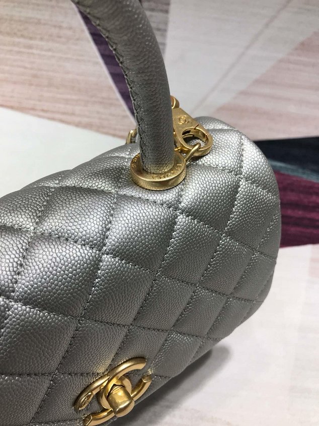 2019 CC original grained calfskin small coco handle bag A92990 silver
