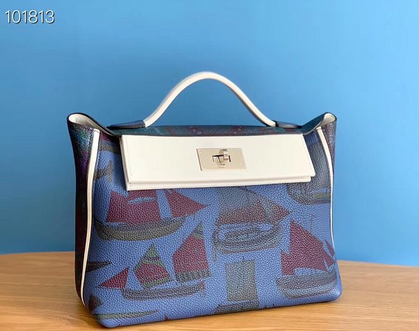 2019 Hermes original handmade printed togo leather kelly 2424 bag H03699 blue