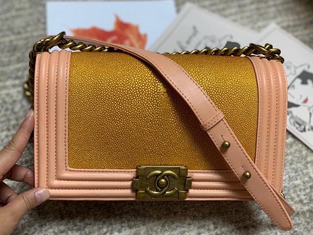 CC original genuine stingray skin boy bag A67086 pink&gold