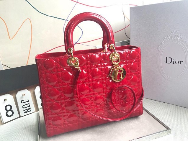 Dior original patent calfskin large lady dior bag 44560 red