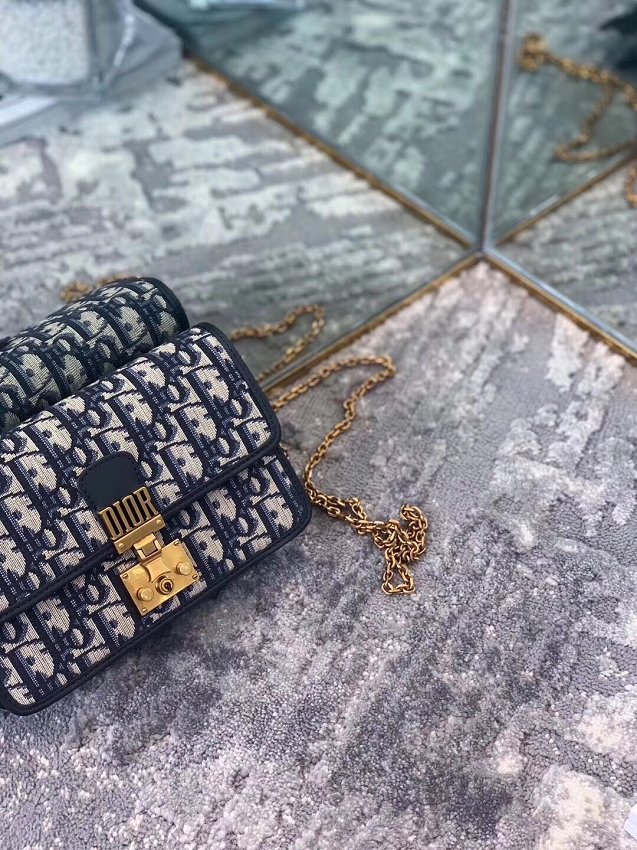 2019 Dior original canvas dioraddict wallet on chain M58108 navy blue
