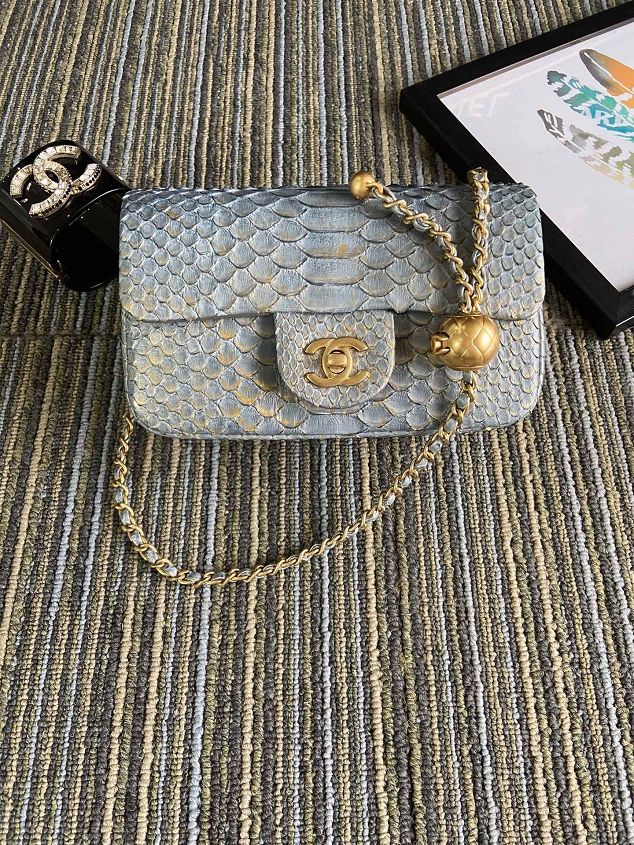 CC original python leather flap bag AS1787 light blue
