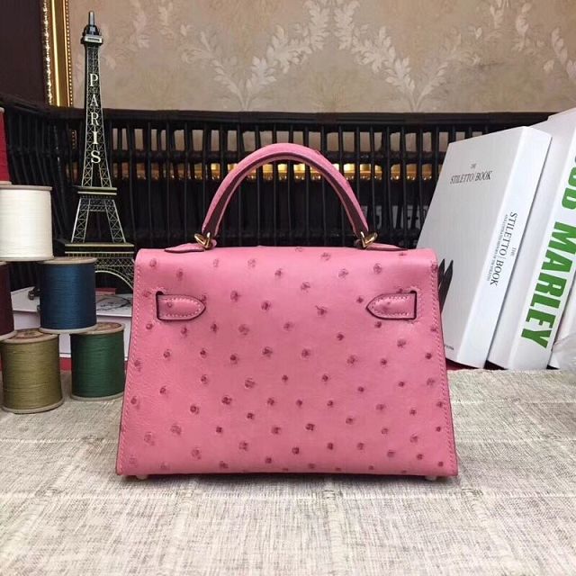 Hermes handmade genuine 100% ostrich leather kelly 19 bag K019 pink