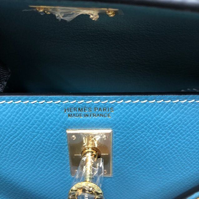 Hermes original epsom leather mini kelly 19 bag K0019 blue jean