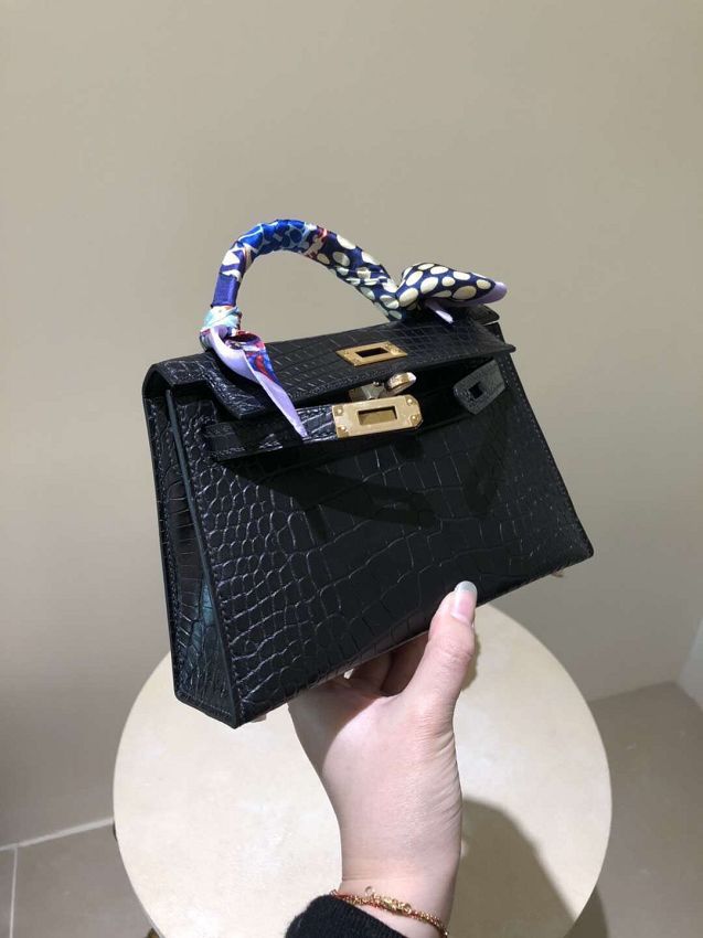 Top hermes 100% genuine crocodile leather mini kelly bag K0019 black
