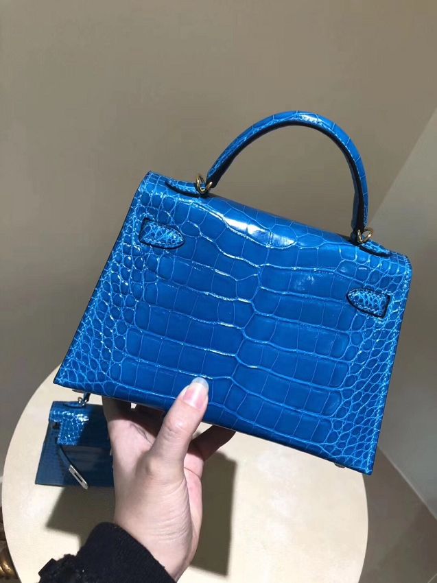 Top hermes 100% genuine crocodile leather mini kelly bag K0019 blue