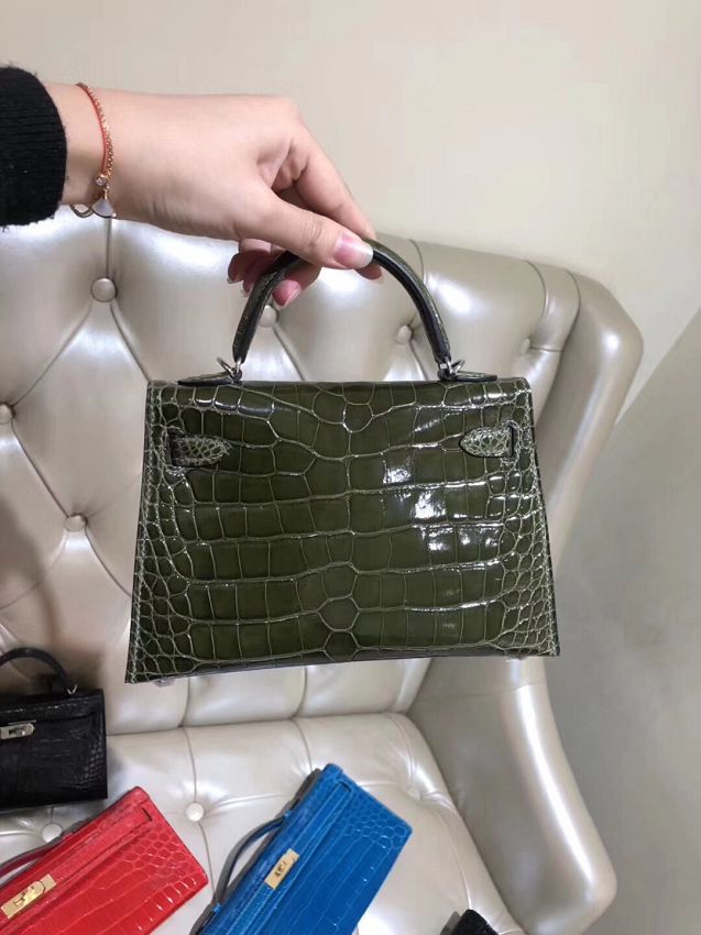 Top hermes 100% genuine crocodile leather mini kelly bag K0019 khaki