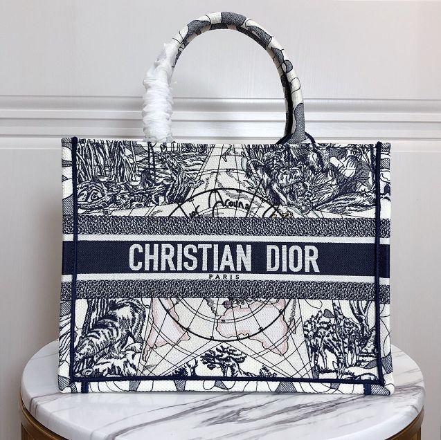 Dior original canvas medium book tote oblique bag M1296 dark blue&white