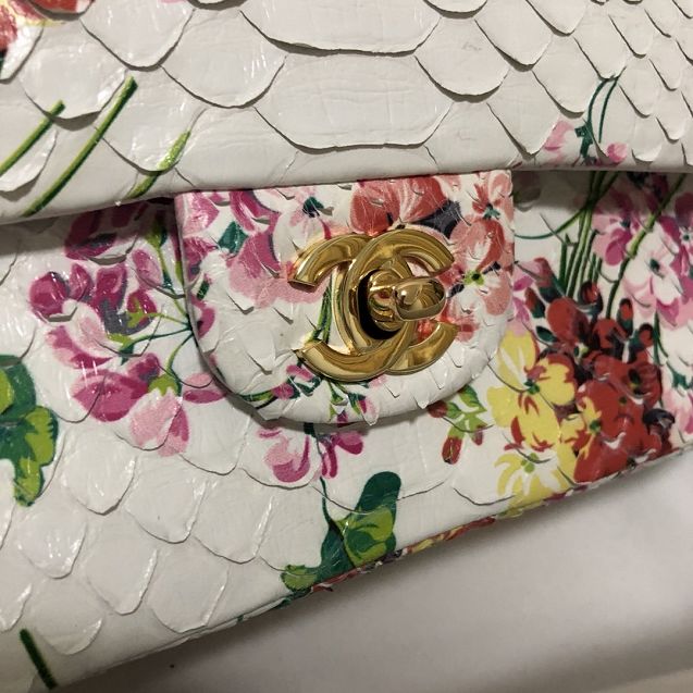 CC original python leather flap bag A01112 white flowers