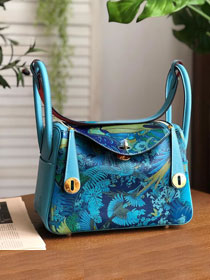 Hermes handmade original print calfskin lindy bag L00034 blue