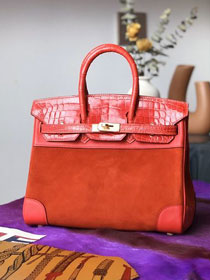 Hermes handmade original crocodile leather&suede birkin 35 bag H3500 watermelon red