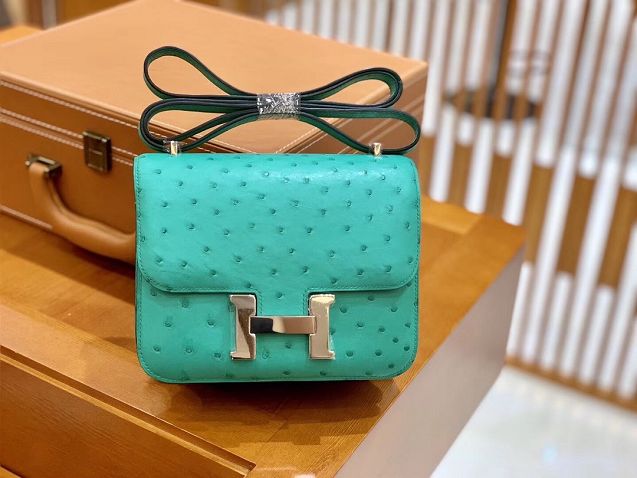 Top hermes genuine 100% ostrich leather handmade constance bag C0023 lake green