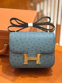 Top hermes genuine 100% ostrich leather handmade constance bag C0023 light blue