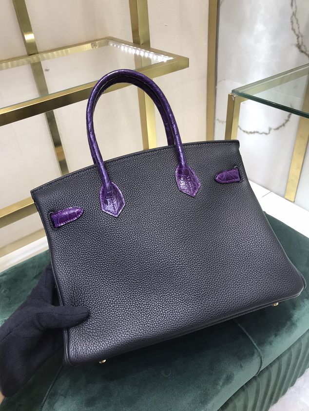 Hermes handmade original crocodile leather&calfskin birkin bag BK0035 black&purple