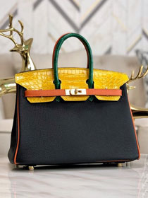 Hermes handmade original crocodile leather&calfskin birkin bag BK0035 black&yellow