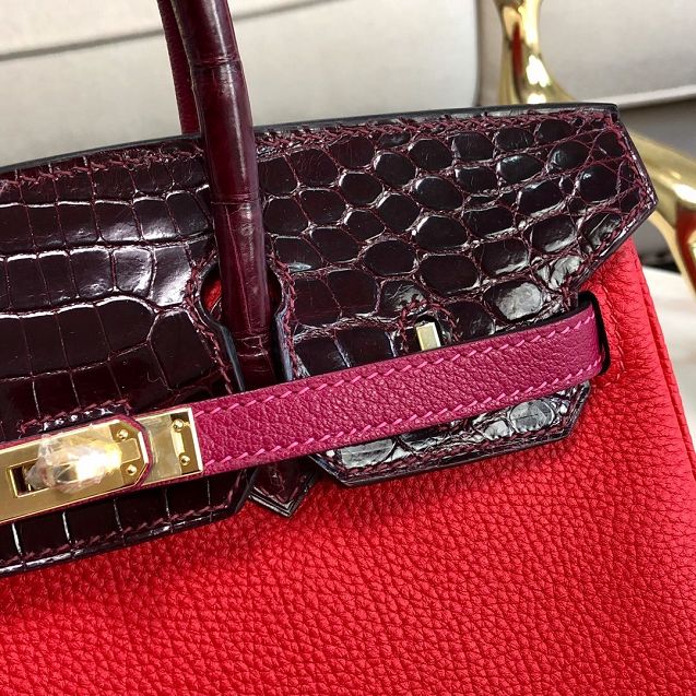 Hermes handmade original crocodile leather&calfskin birkin bag BK0035 bordeaux&red