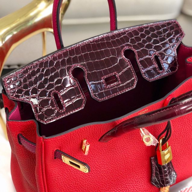 Hermes handmade original crocodile leather&calfskin birkin bag BK0035 bordeaux&red