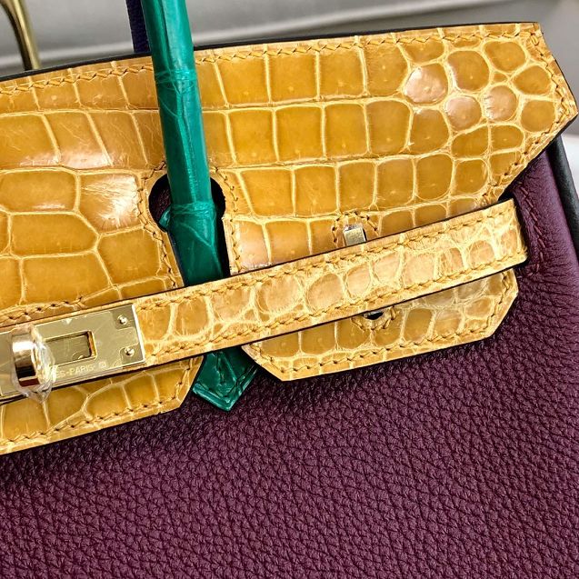 Hermes handmade original crocodile leather&calfskin birkin bag BK0035 bordeaux&yellow