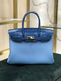 Hermes handmade original crocodile leather&calfskin birkin bag BK0035 sky blue