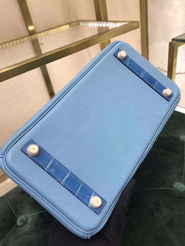 Hermes handmade original crocodile leather&calfskin birkin bag BK0035 sky blue