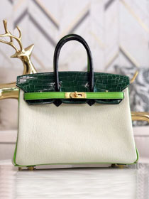 Hermes handmade original crocodile leather&calfskin birkin bag BK0035 white&green