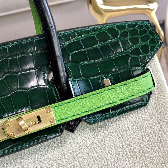 Hermes handmade original crocodile leather&calfskin birkin bag BK0035 white&green