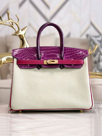 Hermes handmade original crocodile leather&calfskin birkin bag BK0035 white&purple