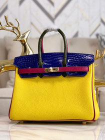 Hermes handmade original crocodile leather&calfskin birkin bag BK0035 yellow&blue