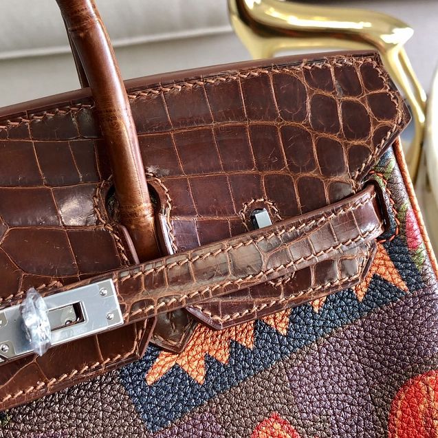 Hermes handmade original crocodile leather&calfskin birkin bag BK0036 coffee