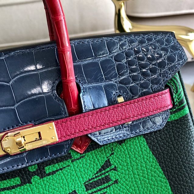 Hermes handmade original crocodile leather&calfskin birkin bag BK0036 green&navy blue