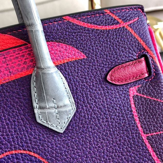 Hermes handmade original crocodile leather&calfskin birkin bag BK0036 purple&rose red