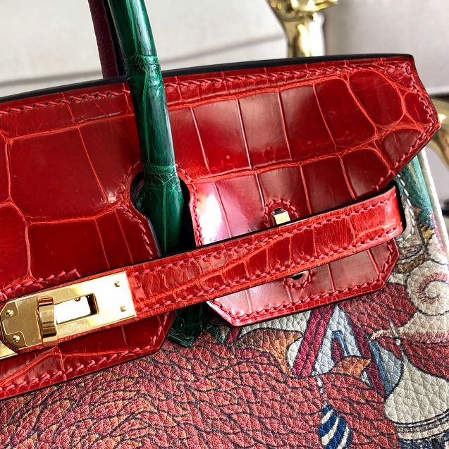Hermes handmade original crocodile leather&calfskin birkin bag BK0036 red&white