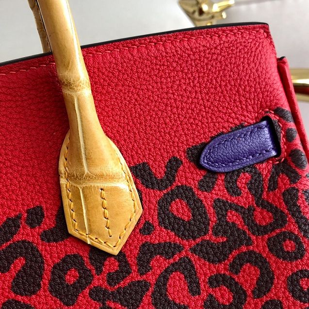 Hermes handmade original crocodile leather&calfskin birkin bag BK0036 red&yellow