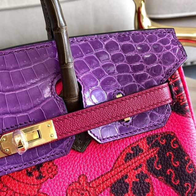 Hermes handmade original crocodile leather&calfskin birkin bag BK0036 rose red&purple