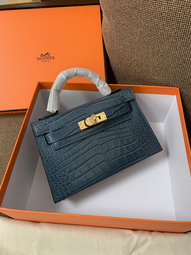 Hermes original crocodile veins calfskin mini kelly 19 bag K0019